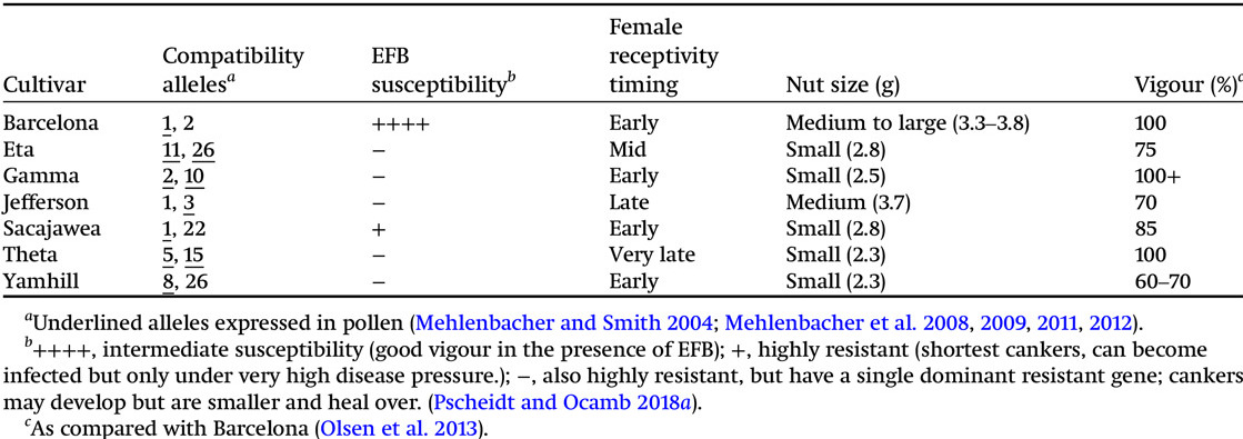 table listing the characteristics of six EFB-resistant hazelnut cultivars